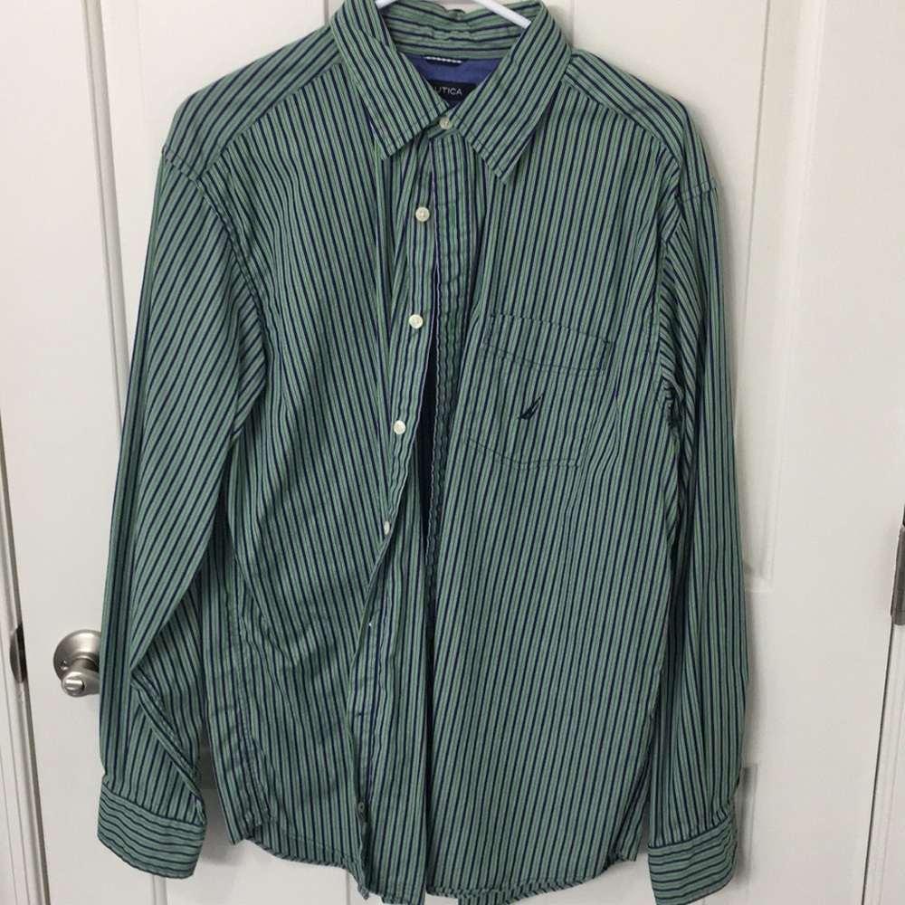 Nautica green and blue stripe button up shirt